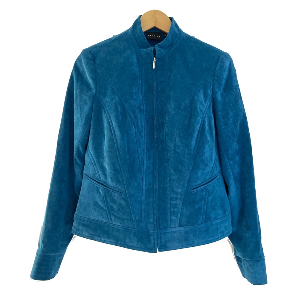 Vintage Tribal Sportswear Faux Suede Jacket Women’s Size 2 Zip Up Blue Moto